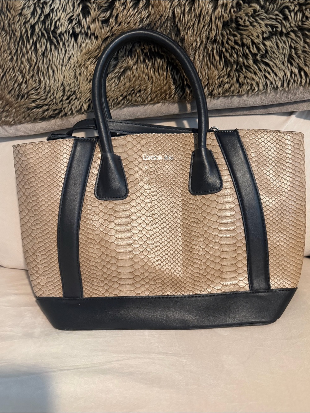 London Fog Tan Faux-Snakeskin Tote with Black Trim